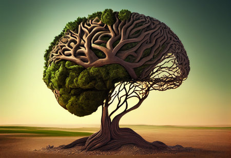 Tree in the shape of brain thinks and childrens to environmental solutionの素材