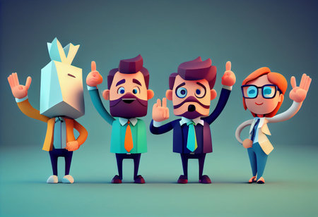 business team cartoons. Happy working people giving high five and gesturing ok sign.の素材