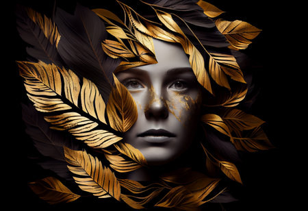 Woman sticking out of black and gold leaves, black background, realistic.の素材