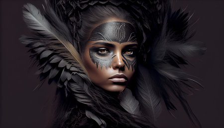 female face that stands out among the black goose feathersの素材