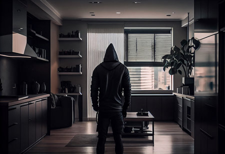 A burglar dressed in all black stands with his back to the camera in a modern apartment.の素材