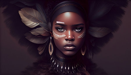 female face that stands out among the black goose feathersの素材