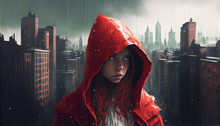 Tale of modern little red riding hood in a city with buildings in rainy weather.の素材