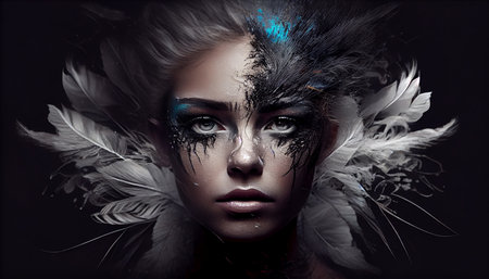 A woman's face sticking out in the middle of all the white goose feather.の素材