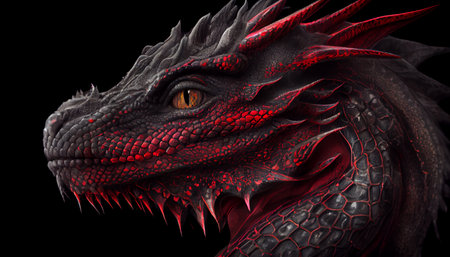 Black and red dragon head close-up on a black backgroundの素材