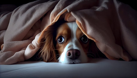 A very cute dog crawled under the covers and touchingly misses his ownerの素材