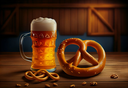 Beer and Pretzel on wooden background, Oktoberfestの素材