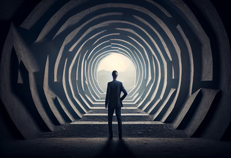 Businessman getting ready to enter a labyrinth conceptの素材