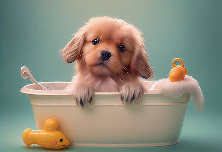 Cute puppy dog in bathtub , pets cleaning, studio shot.の素材