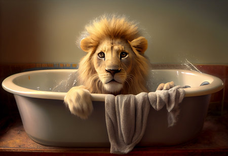 Cute lion in bathtub , pets cleaning.の素材