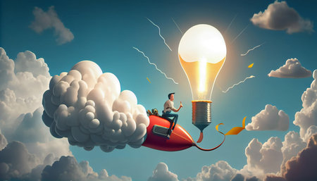 Creative new idea, innovation start up business or inspiration to achieve success goal concept, businessman leader riding flying lightbulb lamp with rocket booster in the cloud skyの素材