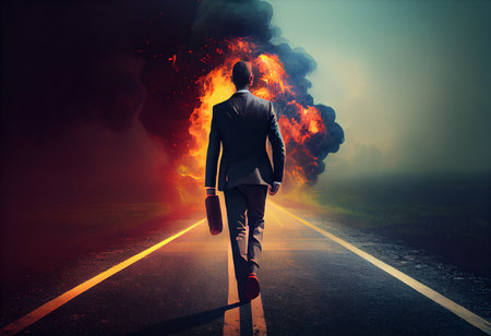 Determined businessman on his way to success go to the fire trailsの素材