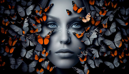 woman's face sticking out in the middle of a full group of butterfliesの素材