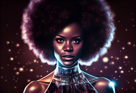 Elegant and fashionable black woman with afro hair in disco or night club with lights illuminating behind, photoの素材