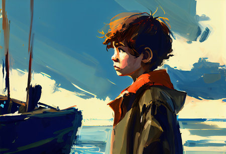 boy looking and waiting the boat in the sea against skyの素材