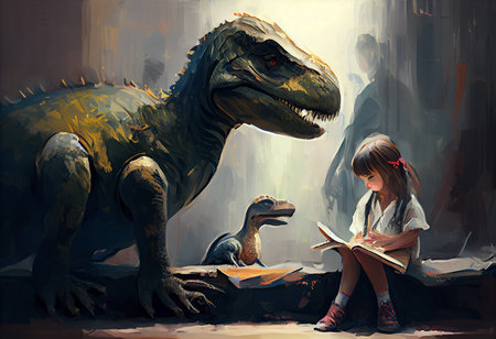 Dinosaurs sitting with a little girl.の素材
