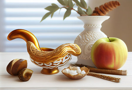Shofar and other Rosh Hashanah holiday attributes on white wooden table indoorsの素材