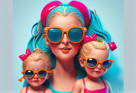Mommy and Girls in swimsuits with a towel on hair and sunglasses 3d illustrationの素材