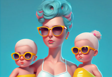 Mommy and Girls in swimsuits with a towel on hair and sunglasses 3d illustrationの素材