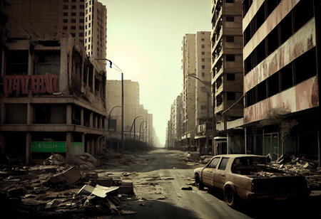 illustration painting of destroyed Abandoned City, Digital Illustration, Ruins Creepy Grunge Drawing Scary Horror Zombie Apocalypse, Buildings, Roadsの素材