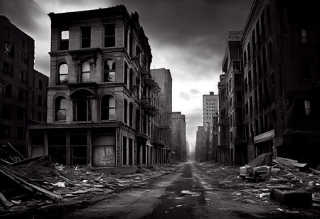 illustration painting of destroyed Abandoned City, Digital Illustration, Ruins Creepy Grunge Drawing Scary Horror Zombie Apocalypse, Buildings, Roadsの素材