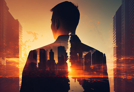 The double exposure image of the business man standing back during sunrise overlay with cityscape image. The concept of modern life, business, city life and internet of thingsの素材