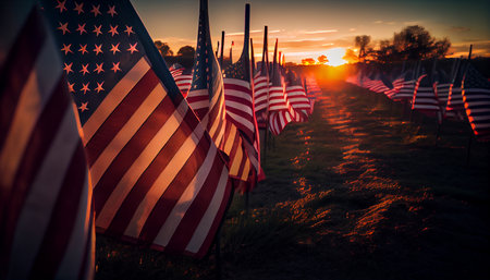 Field of American flags at Sunsetの素材