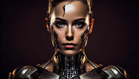 Robot woman look in camera on black backgroundの素材