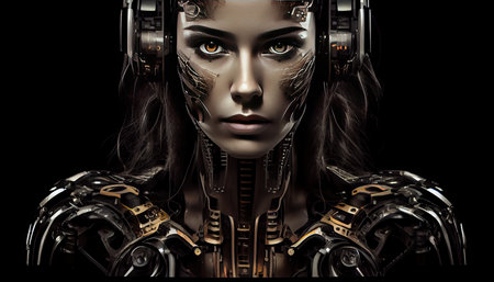 Robot woman look in camera on black background.の素材