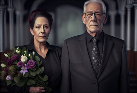 Senior man standing with attractive woman holding flowers on funeralの素材