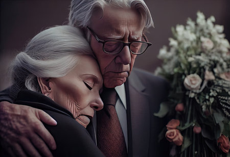 Senior man standing with attractive woman holding flowers on funeralの素材