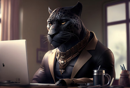 Portrait of an anthropomorphic black panther as a developer in the office.の素材