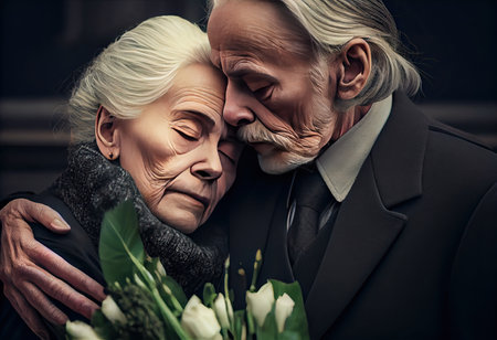 Senior man standing with attractive woman holding flowers on funeralの素材