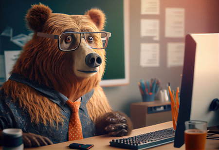 Portrait of an anthropomorphic bear as a developer in the office.の素材