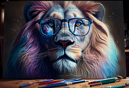 colored lion with prescription glasses, a photorealistic painting.の素材