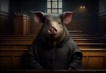 Portrait of a pig accused in court.の素材
