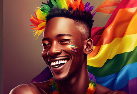 Happy African gay man celebrating pride festival - LGBTQ community concept.の素材