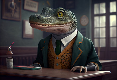 Portrait of an anthropomorphic crocodile dressed as a schoolboy in a classroom.の素材