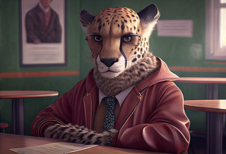 Portrait of an anthropomorphic cheetah dressed as a schoolboy in a classroom.の素材
