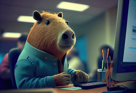 Portrait of an anthropomorphic capybara as a developer in the office.の素材