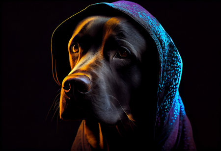 high detail, close up portrait, a black labrador in torn hoodie, looking at the camera, studio shot, , dark mode, sad, depth of field, fashion, neon glow backlight, silhouette.の素材