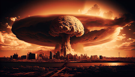 big nuclear explosion mushroom cloud effect over city skyline for apocalyptical aftermath of nuclear attach or the use of mass destruction weaponsの素材