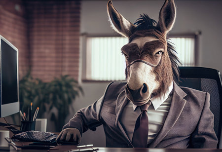 Portrait of an anthropomorphic donkey in a suit of a businessman as office worker in the modern office.の素材