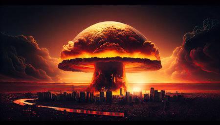big nuclear explosion mushroom cloud effect over city skyline for apocalyptical aftermath of nuclear attach or the use of mass destruction weaponsの素材