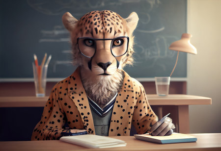 Portrait of an anthropomorphic cheetah dressed as a schoolboy in a classroom.の素材