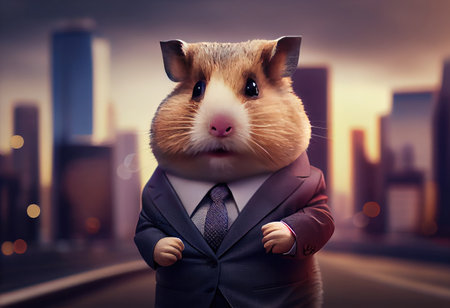 Portrait of an anthropomorphic hamster businessman roaming the city streets.の素材