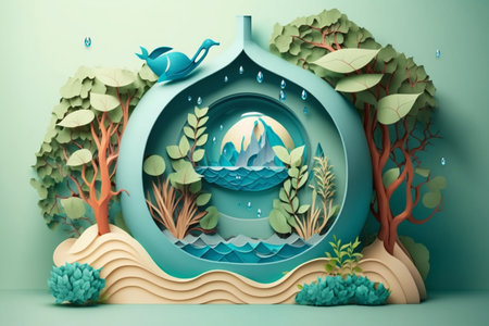 Paper art , Ecology and world water day , Saving water and world Environment day, environmental protection and save earth water.の素材