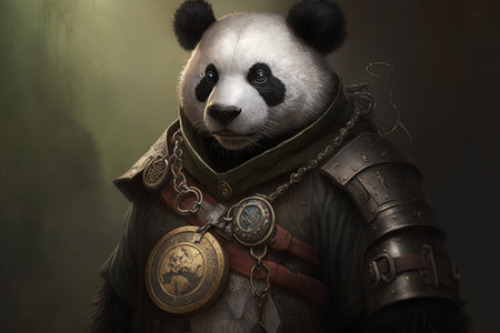 Panda with a steampunk watch lanyard around his neck, protecting a safe.の素材