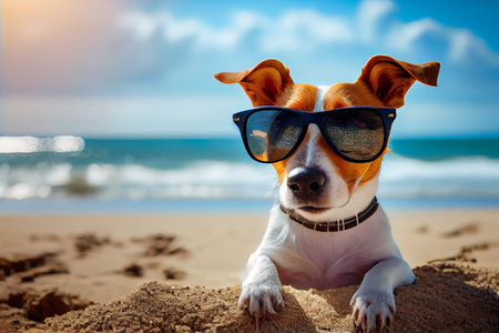 Cute dog - jack Russell terrier with sunglasses, enjoying on the beach.の素材