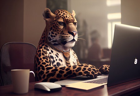 Portrait of an anthropomorphic jaguar as a developer in the office.の素材